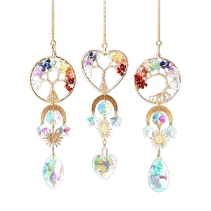 Tree of Life suncatcher with seven chakra natural stones and faceted crystal pendants