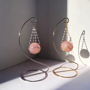 Rose Quartz Crystal Ball Ornament Hanging With S-Shaped Metal Stand Desktop Home Decor Minimalist Pink Stone