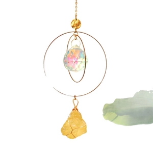 Rainbow maker suncatcher with multifaceted crystal prism and raw yellow citrine stone