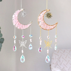 Moon Crystal Suncatcher Rose Quartz Crushed Stone Butterfly Sun Pendant Wind Chime Boho Home Garden Hanging Window Decor