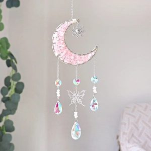 Pink crystal moon suncatcher with silver butterfly and hanging prism crystal drops