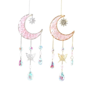 Crystal moon suncatcher with pink stones and butterfly pendant for garden home decoration