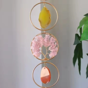 Three-tier tree of life wall hanging with natural agate slices and pink crystal stones