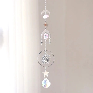 Bohemian silver moon and star suncatcher with pink raw stone and crystal ball