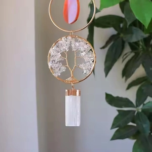 Handmade Tree of Life crystal wall hanging with agate slice and white mineral stone