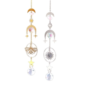Golden and silver celestial suncatchers with moon, star charms and crystal prisms