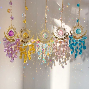 Crystal Sun Moon Suncatcher Hanging Ornament Gold Metal Frame Glass Prism Rainbow Maker Celestial Bohemian Window Home Decor Gift