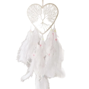 White heart-shaped dream catcher with tree of life crystal weave and soft feathers