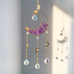 Golden crescent moon suncatcher with amethyst stones and crystal prism for home decor