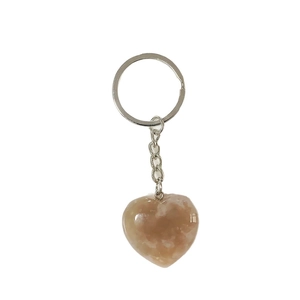 High-quality heart-shaped natural stone keychain with silver metal ring on white background