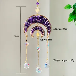 Handmade amethyst crystal moon wall hanging with gold pendants and 24cm total height