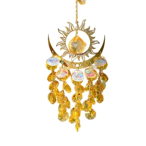Golden sun and moon crystal suncatcher with yellow and iridescent faceted glass beads