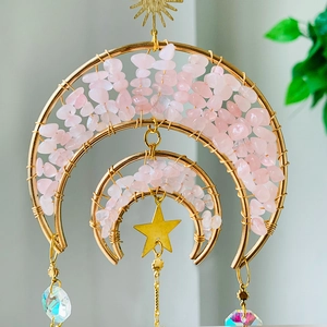 Three-tier crescent moon suncatcher with rose quartz stones and crystal star pendants