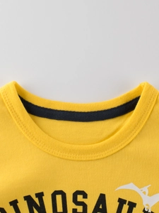 Yellow long sleeve dinosaur t-shirt with crew neck and dark blue collar detail