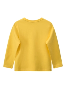 Bright yellow long sleeve cotton t-shirt for kids, back view of crewneck dinosaur top