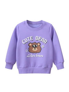 Girls Purple Fleece Lined Sweatshirt Round Neck Long Sleeve Cartoon Bear Print Pullover Casual Autumn Winter Kids Top