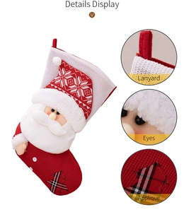 Macro detail of Christmas stocking featuring 3D Santa plush, plaid tree patch and red hanger