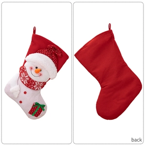 Detailed front and back view of a knitted Christmas stocking with 3D snowman and gift bow