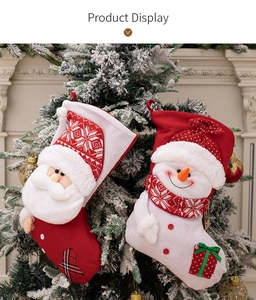 Detailed view of knitted Christmas stockings with Santa and Snowman embroidery and plush trim