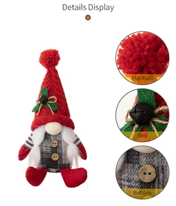 Detail display of Christmas gnome showing red knit hat, small bell, and wood buttons