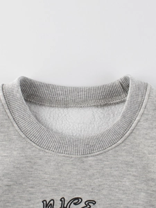 Light gray fleece sweatshirt for kids featuring a ribbed crew neck and soft inner lining