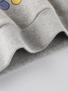 Gray cotton fleece hoodie for kids featuring ribbed knit cuffs and cute cartoon prints