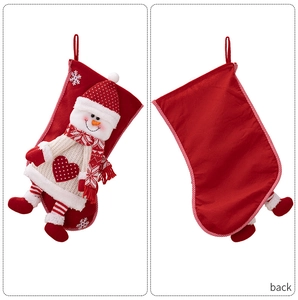 Detail view of red Christmas stocking with plush snowman and smooth back panel