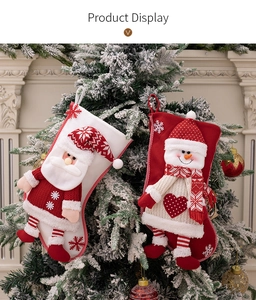 Detail of 3D Santa and Snowman Christmas stockings with knit textures on festive tree