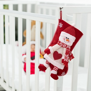 Close-up of a festive red Christmas stocking featuring a 3D snowman with knit sweater detail