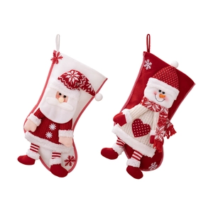 Set of 2 Christmas stockings featuring 3D Santa and Snowman plush designs on white background