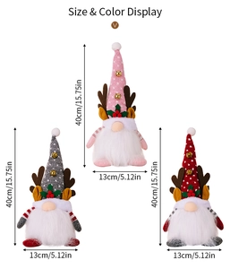 Tableau des tailles détaillé pour trois gnomes de Noël lumineux avec mesures en cm