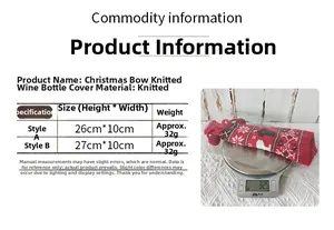 Size chart for knitted Christmas wine bottle covers with bows and pompom details