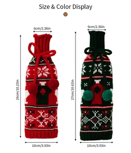 Size chart for Christmas knitted wine bottle covers with snowflakes and pom-pom details