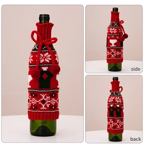 Front, side, and back macro view of knitted Christmas sweater wine bottle cover with bow