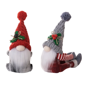 Lot de deux boucles de rideau gnome de Noël avec bonnets tricotés rouge et gris et longues barbes