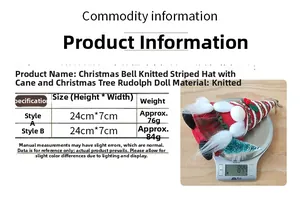 Close-up of a knitted Christmas gnome with bell showing 24x7cm dimensions and weight
