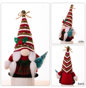 Three-angle view of Christmas gnome with striped hat and miniature tree detail