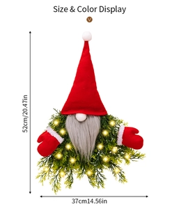 Detailed dimensions of 52cm lighted Christmas gnome wreath with LED greenery and red hat