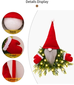 Detail display of glowing Christmas gnome wreath with LED lights and knitted hat