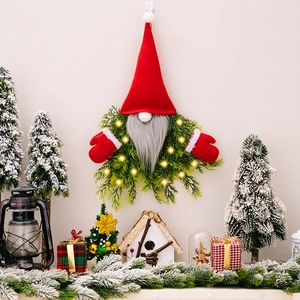 Christmas Glowing Gnome Wreath Hanging Decor With LED Warm Light Red Hat Pine Needle Nordic Holiday Wall Window Door Ornament