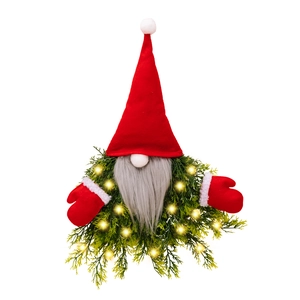Lighted Christmas gnome wreath with red hat and green pine branches for door decoration