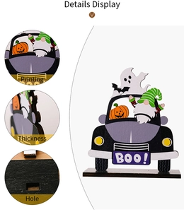 Detailansicht der hochwertigen Bedruckung und Dicke des Halloween-Zwergenautos aus Holz mit Basis