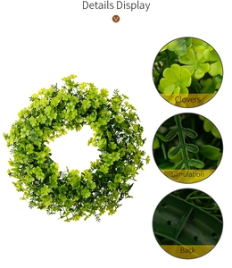 Detail view of Saint Patrick's Day green clover wreath showing leaf texture and frame