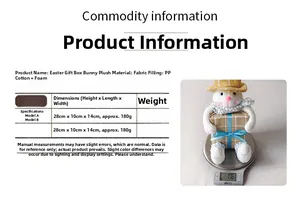 Size chart for Easter bunny plush dolls in gift boxes with detailed product measurements