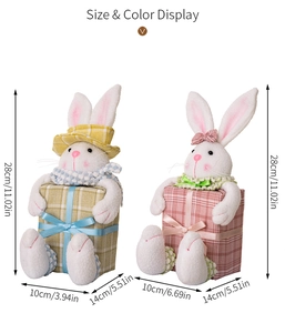 Size display of plush Easter bunny figurines in yellow and pink checkered outfits