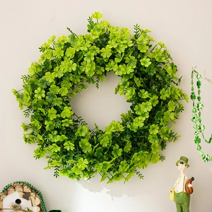 Artificial St Patricks Day Clover Wreath Green Shamrock Wreath Front Door Wall Decor Lucky Hanging Garland Home Decor