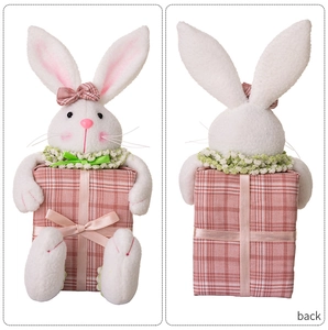 Front and back detail of Easter plush rabbit holding a pink checkered gift box