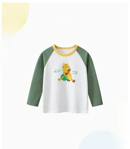 Close-up of long sleeve toddler t-shirt with raglan sleeves and cute cat print detail