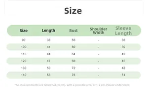 Size chart for girls long sleeve T-shirt showing length and chest measurements in cm