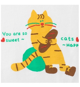 Detail of soft white cotton t-shirt with cute yellow cat illustration and sweet text